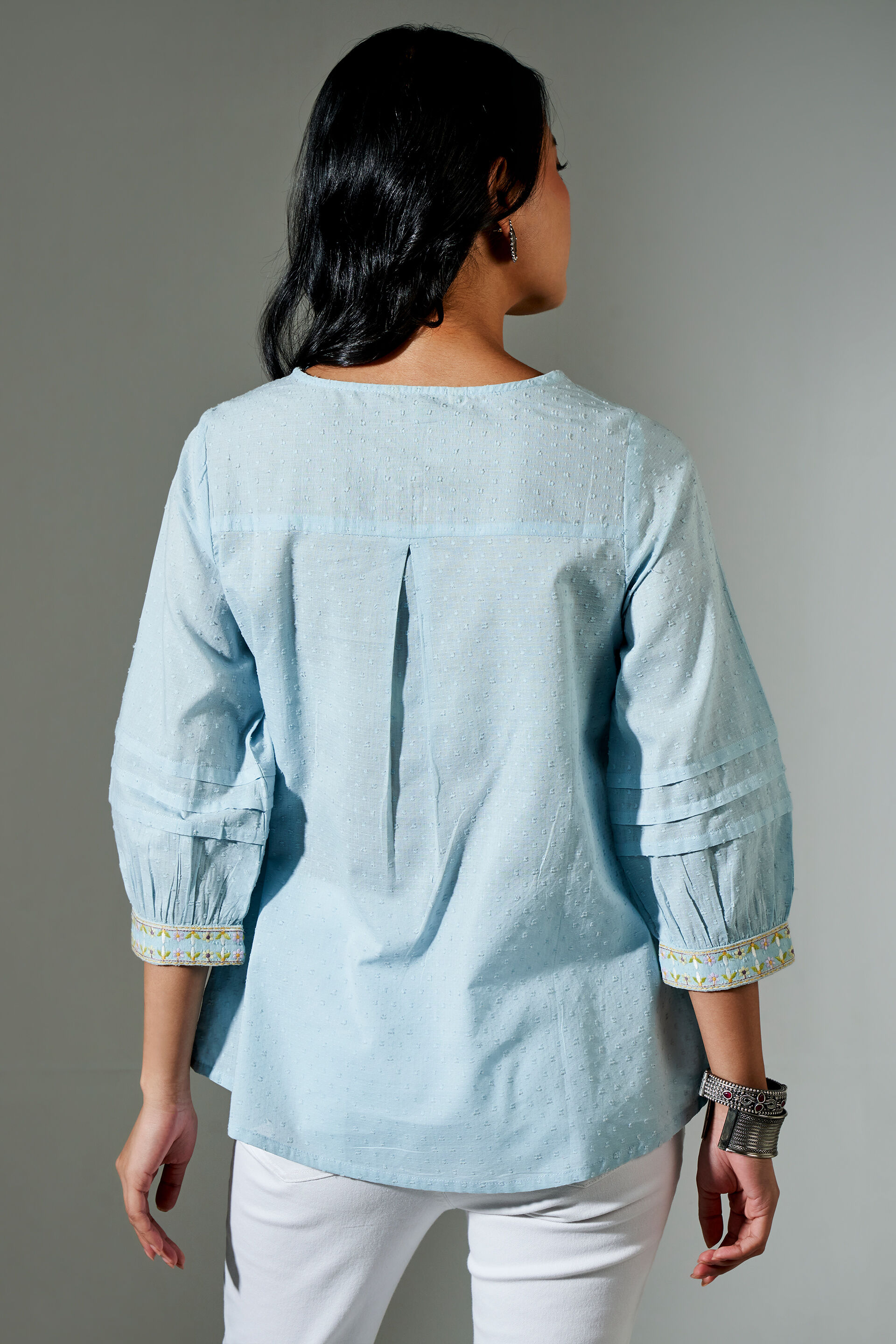 Aqua Dobby Embroidered Straight Top, Aqua, image 6